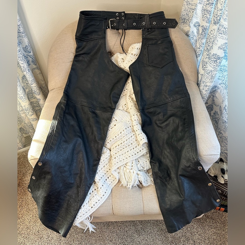 Vintage Black Leather Motorcycle Chaps.  Interstate Leather, size 38
